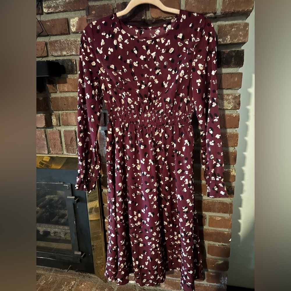 Women's Long Sleeve Burgundy Floral Midi Dress Size Small